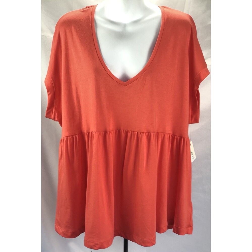 NWT Terra & Sky Babydoll top 14W coral Plunge Neck Peplum Dolman Tee Pleat Waist